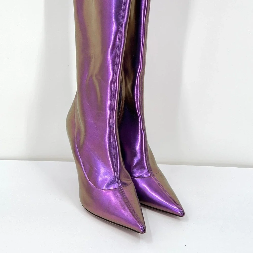 AMINA MUADDI Ami 95mm Thigh High Boot Womens 8.5 Purple Metallic Over The Knee